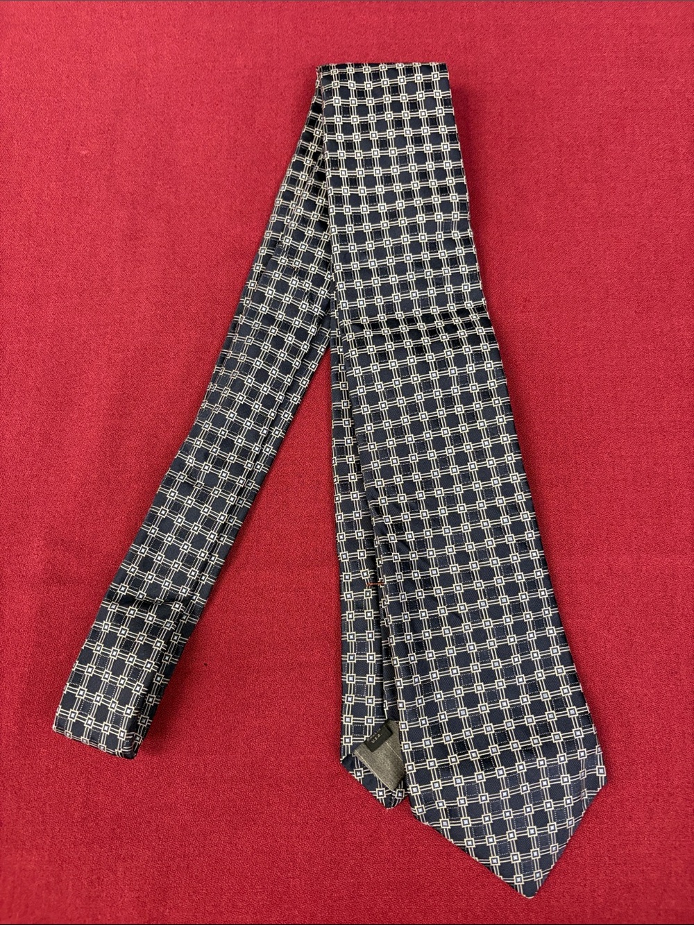 Hickey Freeman Navy and White Windowpane Silk Tie